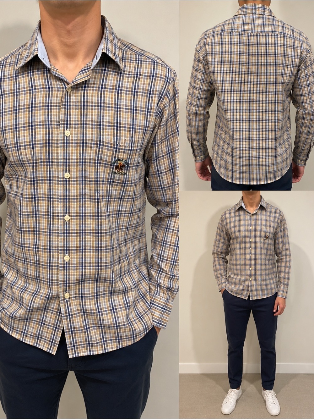 Beverly Hills Polo Club Beige & Blue Plaid Button-Down Shirt